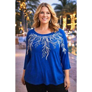 Bob Mackie Wearable Art Blue Embroidered Beaded Top 1X Dressy Evening Blouse NWT